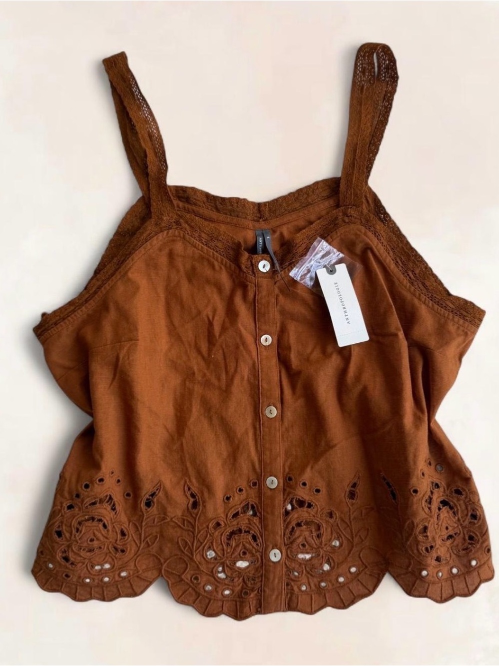 NWT Anthropologie Burnt Orange Scallop Lace Cotton Tank S - Cottage Boho